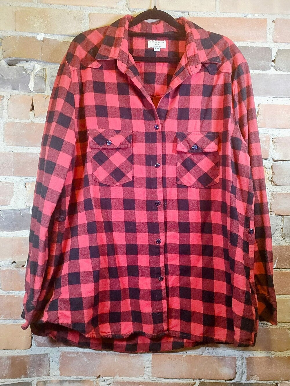 Red Buffalo Plaid Flannel — Roll-Tab Sleeves & Sides, Women's XXL